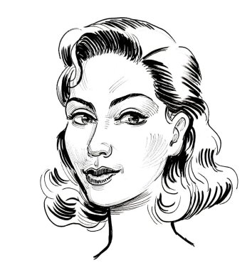 Güzel sarışın kadın. Mürekkep siyah beyaz çizim