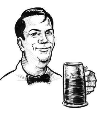 Bir kupa bira içen mutlu bir beyefendi. Mürekkep siyah beyaz çizim