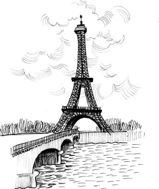 Paris, Fransa 'daki Eyfel Kulesi. Mürekkep siyah beyaz çizim