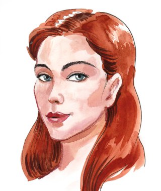 Güzel sarışın kadın. Mürekkep ve suluboya çizim