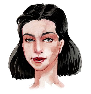 Güzel esmer kadın. Mürekkep ve suluboya çizim