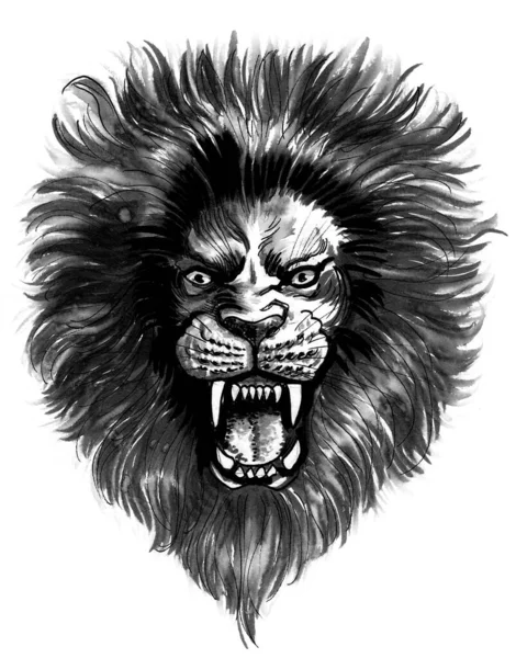 Βρυχάται Θυμωμένο Λιοντάρι Μελάνι Ασπρόμαυρο Σχέδιο — Φωτογραφία Αρχείου