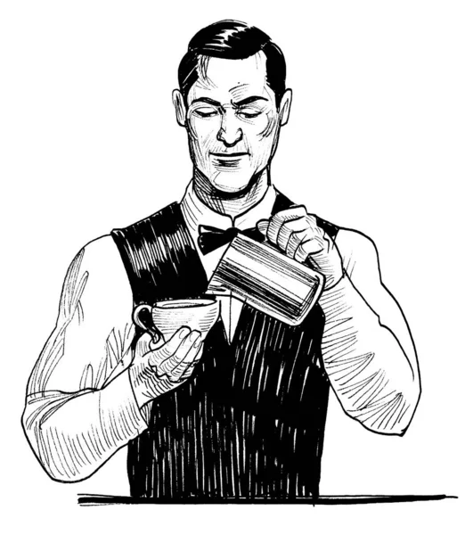 Barman Připravuje Cappuccino Černobílá Kresba Inkoustu — Stock fotografie
