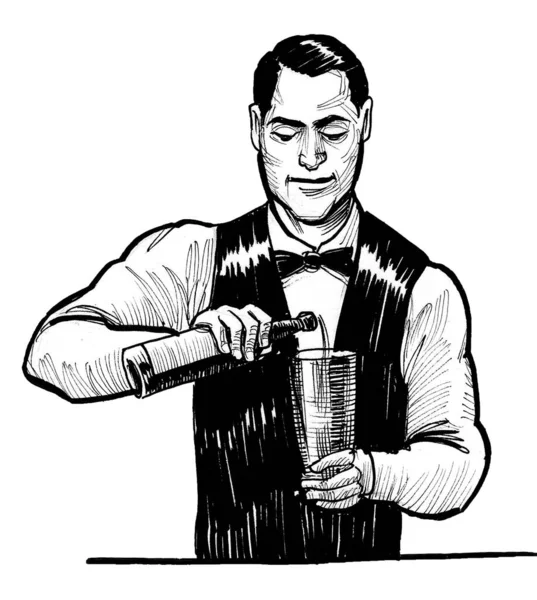 Bartender Mixing Cocktail Ink Black White Drawing — Stock Photo, Image