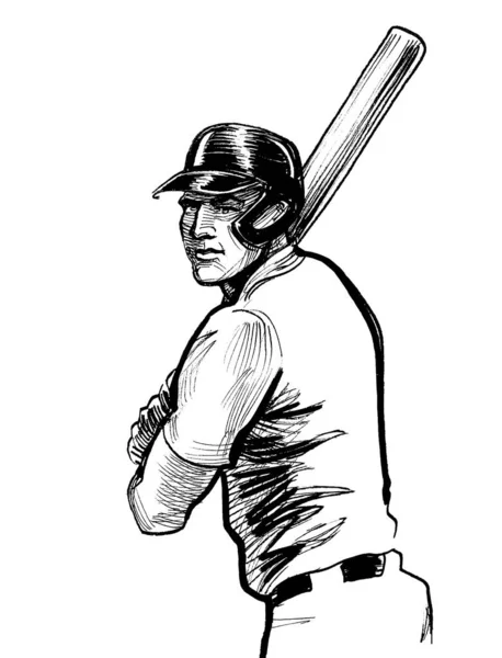 Joueur Baseball Avec Une Batte Encre Dessin Noir Blanc — Photo