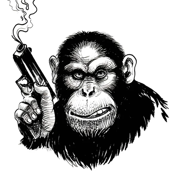 Chimpancé Malvado Con Una Pistola Humeante Tinta Negro Blanco Edrawing — Foto de Stock