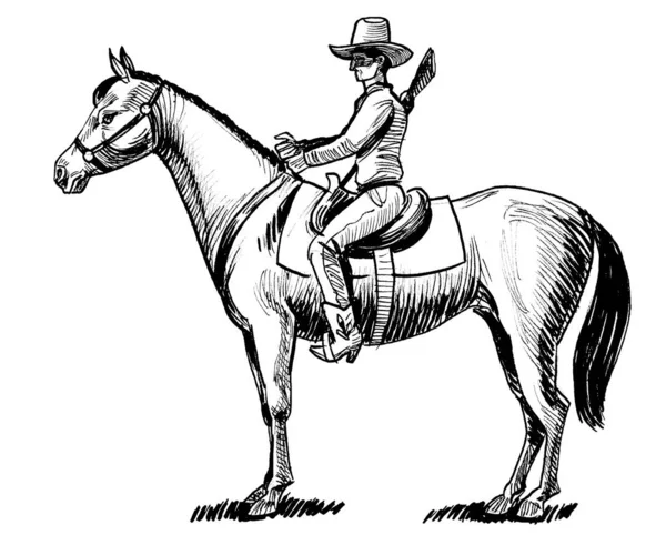 Cowboy Auf Einem Pferd Schwarz Weiße Tuschezeichnung — Stockfoto