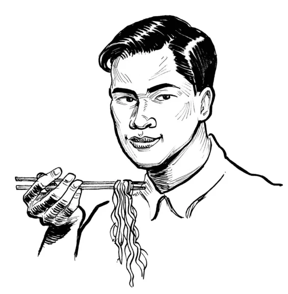 Joven Asiático Comiendo Fideos Dibujo Blanco Negro Tinta —  Fotos de Stock