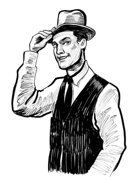 happy man in hat. Ink black and white drawing