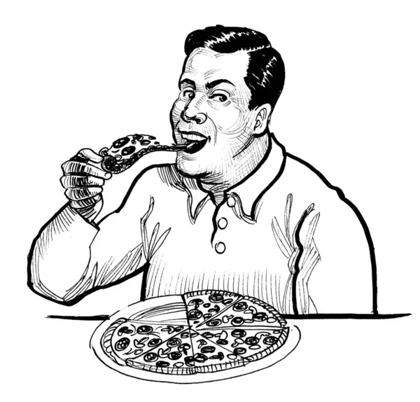 Pizza Yiyen Mutlu Adam Mürekkep Siyah Beyaz Çizim — Stok fotoğraf