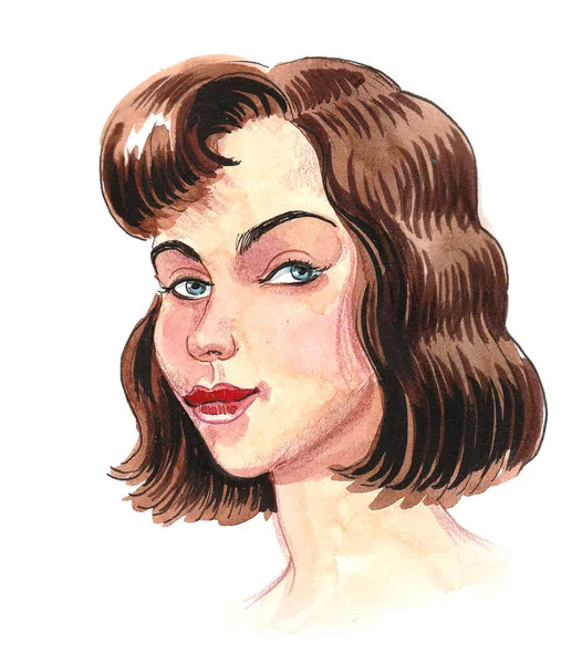 Hezký Ženský Obličej Kresba Inkoustem Akvarelem — Stock fotografie
