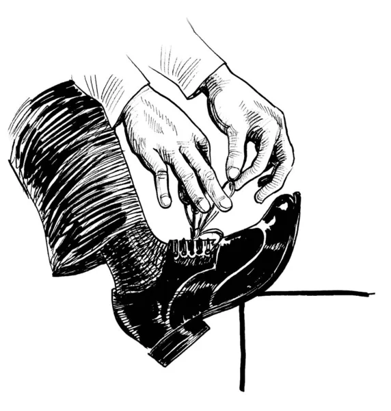 Hands Tying Shoe Laces Ink Black White Drawing — Stock Photo, Image