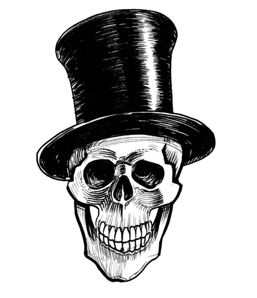 Silindir Şapkalı Insan Kafatası Mürekkep Siyah Beyaz Çizim — Stok fotoğraf