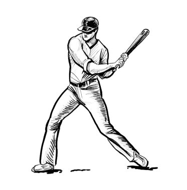 Beyzbol sopalı bir beyzbolcu. Mürekkep siyah beyaz çizim
