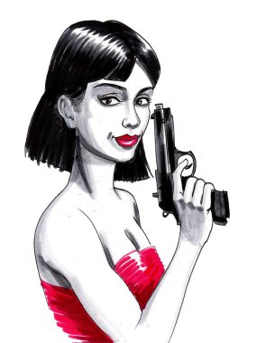 Silahlı, kırmızı elbiseli bir kadın. Mürekkep ve suluboya çizim