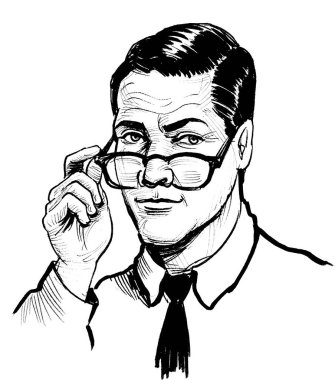 Gözlüklerin üzerinden bakan adam. Mürekkep siyah beyaz çizim