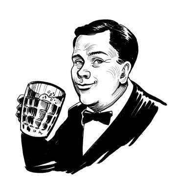 Bir bardak bira içen mutlu bir adam. mürekkep siyah beyaz çizim