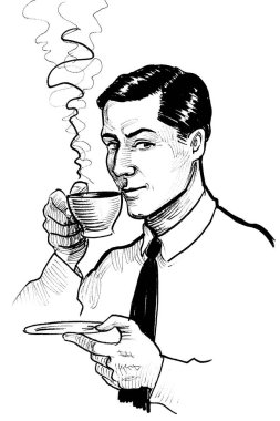 Yakışıklı bir adam bir fincan kahve içiyor. Mürekkep siyah beyaz çizim