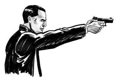 Vurulan adam. Mürekkep siyah beyaz çizim