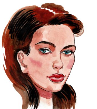 Güzel kadın yüzü. Mürekkep ve suluboya çizim