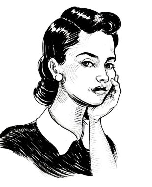 Güzel kadın çok düşünüyor. Mürekkep siyah beyaz çizim