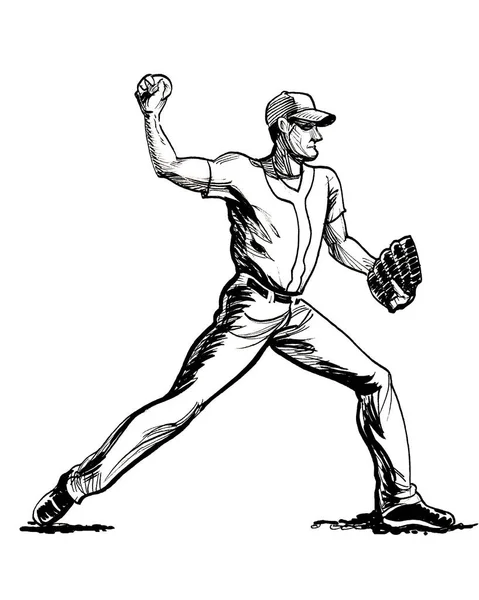 Jogador Basebol Atirar Uma Bola Tinta Desenho Preto Branco — Fotografia de Stock