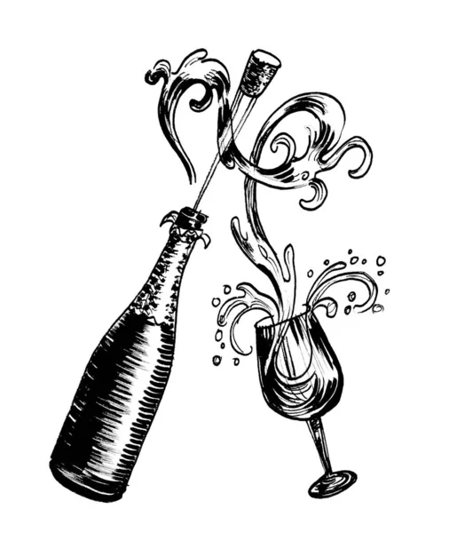 Bottiglia Champagne Bicchiere Inchiostro Disegno Bianco Nero — Foto Stock