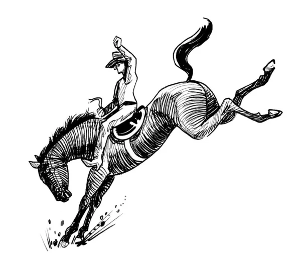 Rodeo Cowboy Zijn Paard Inkt Zwart Wit Tekening — Stockfoto