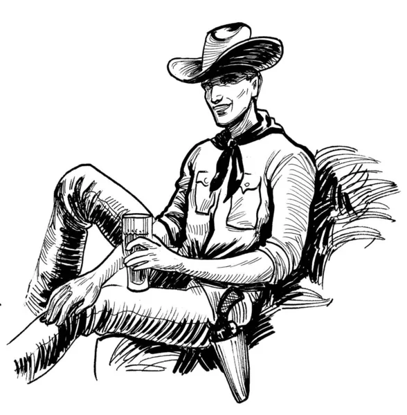 Cowboy Com Copo Bebida Tinta Desenho Preto Branco — Fotografia de Stock