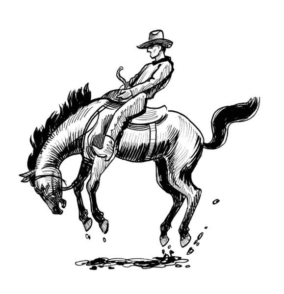 野生の馬に乗ってロデオカウボーイ 墨と白のドローイング — ストック写真