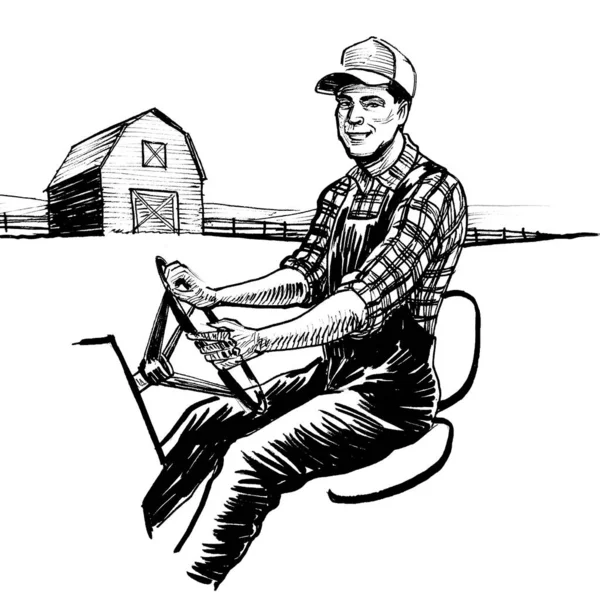 Agricultor Trator Tinta Desenho Preto Branco — Fotografia de Stock