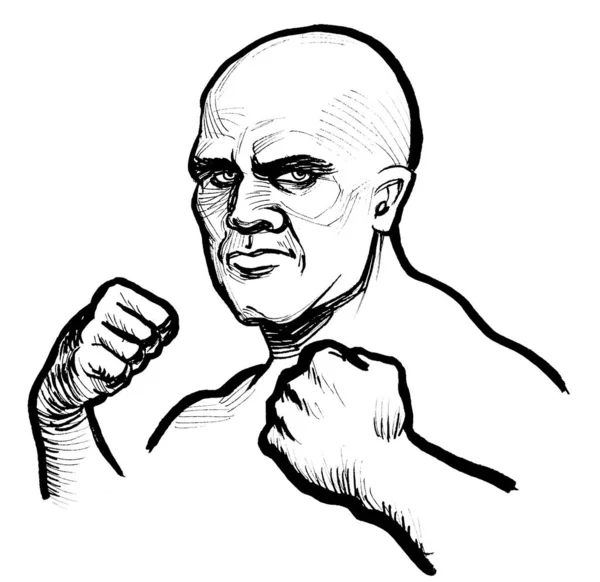 Bald Muscular Fighter Ink Black White Drawing — Stock Photo, Image