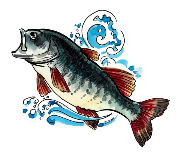 Ryby Modré Vodě Kresba Inkoustem Akvarelem — Stock fotografie