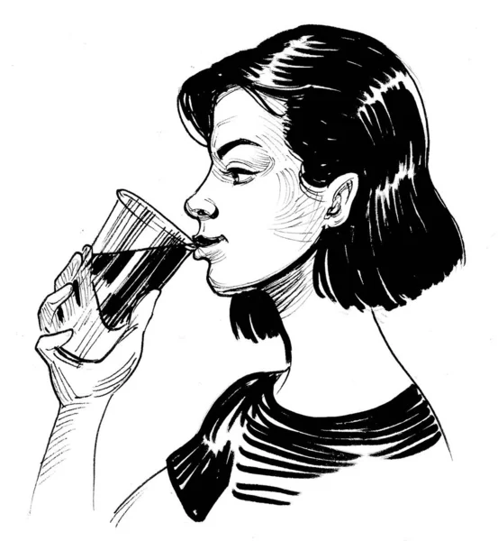 Una Chica Bonita Bebiendo Vaso Cerveza Dibujo Blanco Negro Tinta —  Fotos de Stock