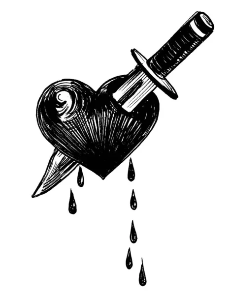 Corazón Sangrante Perforado Con Cuchillo Dibujo Blanco Negro Tinta —  Fotos de Stock