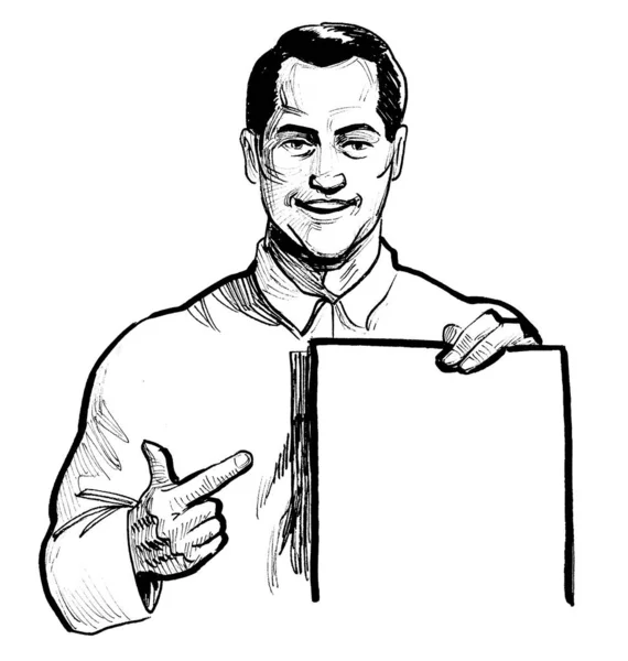 Muž Ukazující Prázdný List Papíru Černobílá Kresba Inkoustu — Stock fotografie