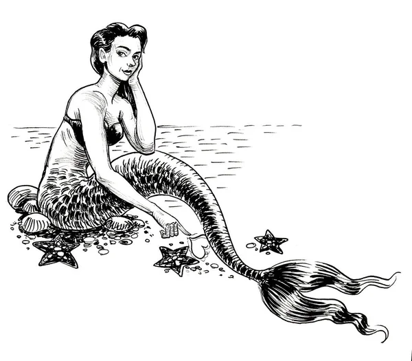 Beautiful Sitting Mermaid Ink Black White Drawing — Stock Photo, Image