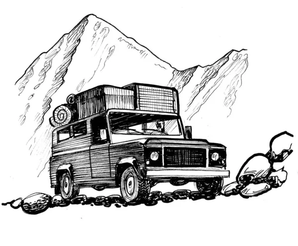 Off-road automobile with luggage in the mountains. Ink black and white drawing