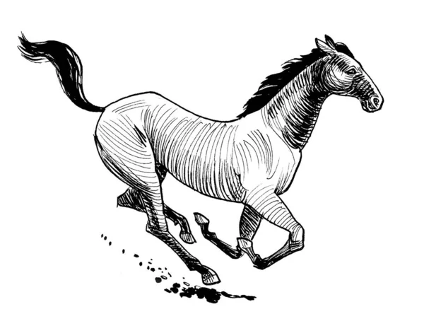 Fast Running Stallion Ink Black White Drawing — Stock Photo, Image