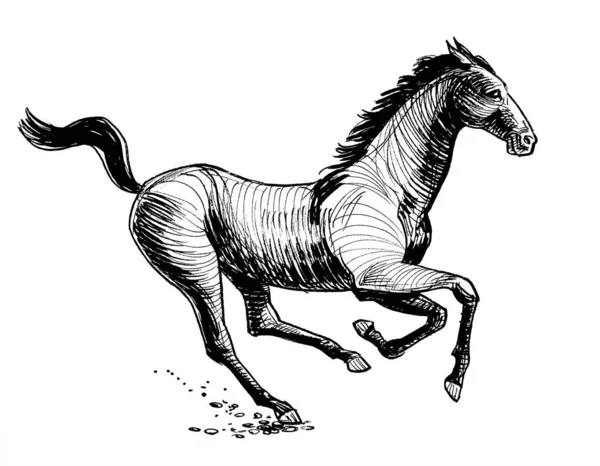 Caballo Corriendo Dibujo Blanco Negro Tinta —  Fotos de Stock