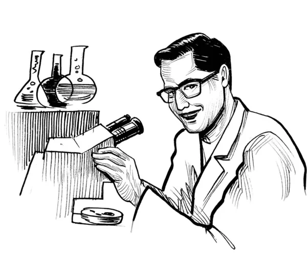 Young Handsome Microscope Ink Black White Drawing — Stock Photo, Image