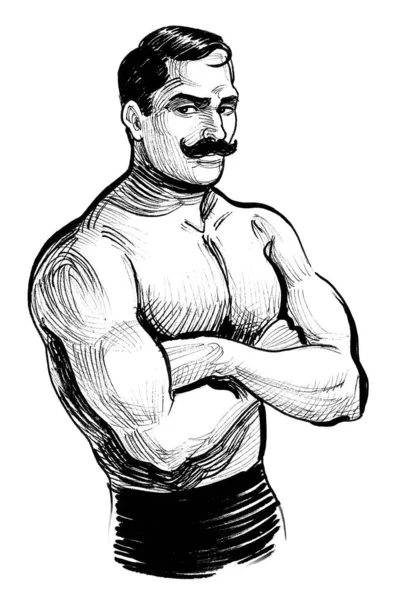 Vintage Athlete Mustache Ink Black White Drawing — Stock Photo, Image