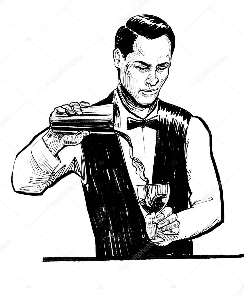 Bartender making cocktail. Ink black and white drawing