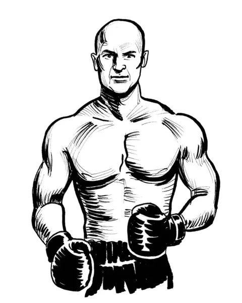 Athlète Boxe Encre Dessin Noir Blanc — Photo