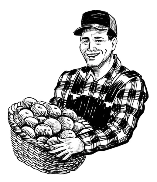 Χαρούμενος Αγρότης Ένα Καλάθι Μήλα Μελάνι Ασπρόμαυρο Σχέδιο — Φωτογραφία Αρχείου