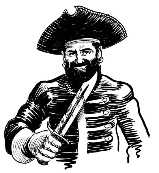 Kılıçlı korsan kaptan. Mürekkep siyah beyaz çizim
