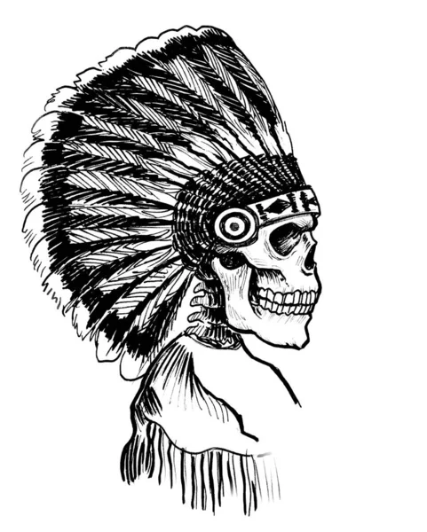 Toter Indianerhäuptling Traditioneller Kopfbedeckung Schwarz Weiße Tuschezeichnung — Stockfoto