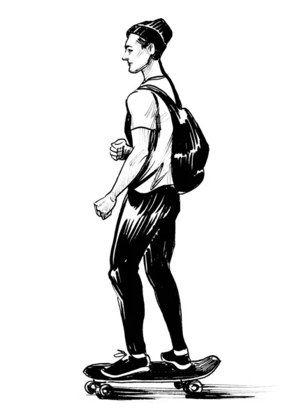 Młody Człowiek Deskorolce Czarno Biały Rysunek Atramentu — Zdjęcie stockowe