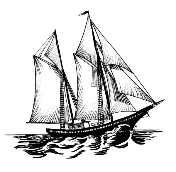 Sailing Yacht Sea Ink Black White Drawing — Stock Photo, Image