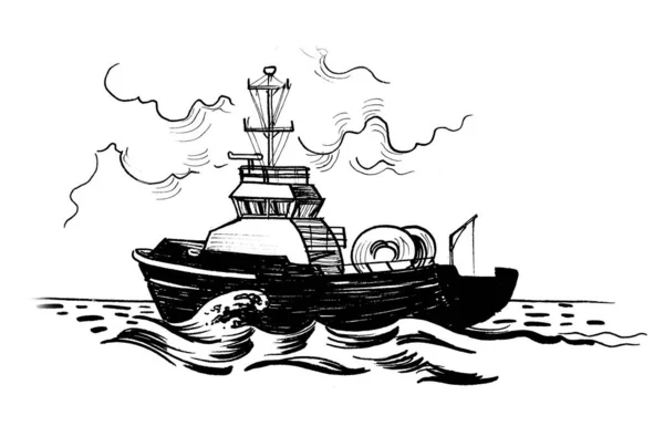 拖船在海里 墨水黑白画 — 图库照片